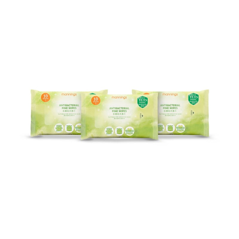 Mannings Antibacterial Pine Wipes 10pcs x 3 Packs