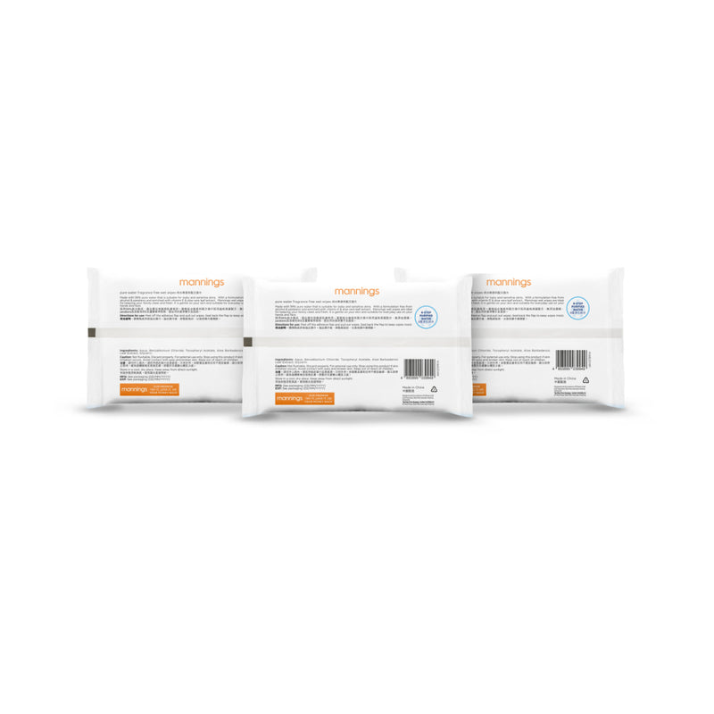 Mannings Pure Water Fragrance Free Wipes 10pcs x 3 Packs